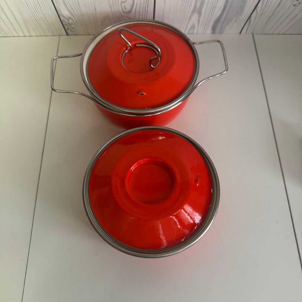 MCM Set of 2 Enamel Bright Red-Orange Lidded Cooking Pots Handle Lid